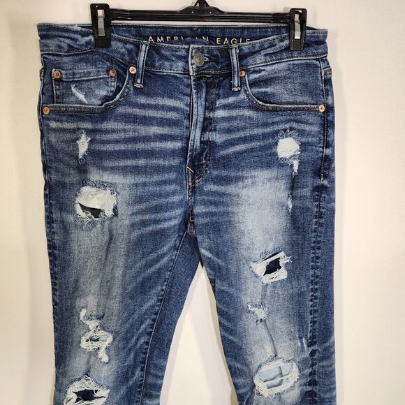 American Eagle Mens Slim Jeans 31X32 Blue Denim AirFlex Distressed Destroyed - Picture 4 of 11
